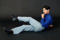 Portrait studio closeup full body shot of Asian young sexy luxury glamour slim fashionable LGBTQ gay male model in turtleneck long Royalty Free Stock Photo