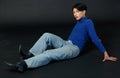 Portrait studio closeup full body shot of Asian young sexy luxury glamour slim fashionable LGBTQ gay male model in turtleneck long Royalty Free Stock Photo