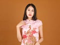 Portrait closeup studio shot millennial Asian female model in pink Chinese cheongsam qipao traditional peacock & flowers pattern