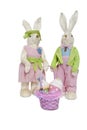 Portrait of stuffed Rabbit couple standing together with basket over white background