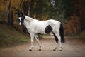 Portrait of stunning black and white pinto gelding horse on the road in autumn forest Royalty Free Stock Photo