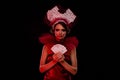 Portrait stunning lady casino night dealer shuffling cards wear vintage theme gown isolated red light black background