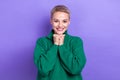 Portrait of stunning satisfied lady beaming smile arms under chin isolated on purple color background