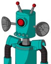 Greenish Robot With Cylinder Head And Pipes Mouth And Cyclops Eye And Double Led Antenna