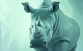 Portrait style image of a rhino in white mint green color.