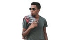 Portrait stylish african man wearing a black sunglasses looking away isolated on a white background Royalty Free Stock Photo