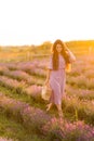 Portrait of stylish beautiful female walking at the lavender field, relaxing from city life. Brunette woman with picnic Royalty Free Stock Photo