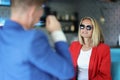 Stylish dressed woman on meeting with presentable man, consultant give advice Royalty Free Stock Photo