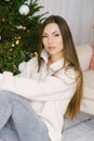 Portrait of a stylish girl with long hair and Nude makeup near the Christmas tree. Cozy holiday Royalty Free Stock Photo