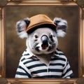 A portrait of a stylish koala in a beret and striped shirt, painting on an easel1