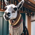 A portrait of a stylish llama wearing a bohemian poncho and beads3