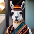 A portrait of a stylish llama wearing a bohemian poncho and beads1