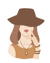 Portrait of stylish young woman in the brown hat. Fashion illustration. Royalty Free Stock Photo