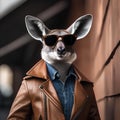 A portrait of a suave kangaroo wearing sunglasses and a leather jacket, leaning against a wall1 Royalty Free Stock Photo