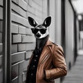 A portrait of a suave kangaroo wearing sunglasses and a leather jacket, leaning against a wall2