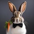 A portrait of a suave rabbit in a tuxedo and bowtie, holding a carrot3 Royalty Free Stock Photo