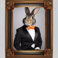 A portrait of a suave rabbit in a tuxedo and bowtie, holding a carrot1 Royalty Free Stock Photo