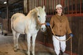 Asian woman horse breeder leading white thoroughbred racehorse in stable Royalty Free Stock Photo