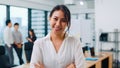 Portrait of successful beautiful executive businesswoman smart casual wear looking at camera and smile, arms crossed in modern Royalty Free Stock Photo