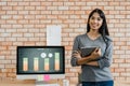 Portrait of successful beautiful executive businesswoman smart casual wear looking at camera and smile, arms crossed in modern Royalty Free Stock Photo