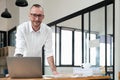 Portrait of successful business man, businessman in glasses and business suit looking at camera and smiling Royalty Free Stock Photo