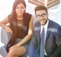 Portrait of successful business team sitting in office lobby Royalty Free Stock Photo