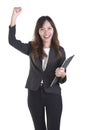 Portrait successful business woman raised hands and celebrate achievement goal isolated over a white background Royalty Free Stock Photo