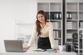 Portrait of successful confident pretty, Young asian business woman or freelancer wearing formal stylish clothes, arms Royalty Free Stock Photo