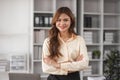 Portrait of successful confident pretty, Young asian business woman or freelancer wearing formal stylish clothes, arms Royalty Free Stock Photo