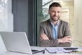 Portrait of successful financier accountant at workplace inside office, senior experienced businessman smiling looking Royalty Free Stock Photo