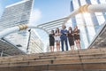 Portrait of successful group of business people looking up to sky as future. Happy businessmen and businesswomen team in Royalty Free Stock Photo