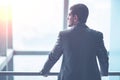 Portrait of a successful handsome businessman in front of a window, there is an empty space for text Royalty Free Stock Photo