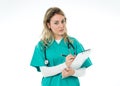 Portrait of successful smiling female doctor with stethoscope and clipboard isolated on white Royalty Free Stock Photo