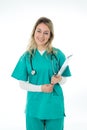 Portrait of successful smiling female doctor with stethoscope and clipboard isolated on white Royalty Free Stock Photo