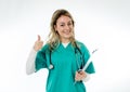 Portrait of successful smiling female doctor with stethoscope and clipboard isolated on white Royalty Free Stock Photo