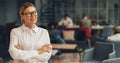 Portrait of successful woman manager standing with crossing hands in office on colleagues background Royalty Free Stock Photo