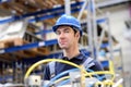 portrait of successful workman in an industrial company, in working clothes at the workplace Royalty Free Stock Photo