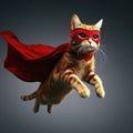 Portrait of superhero cat wearing red cape, jumping like a super hero. ai generative
