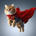 Portrait of superhero cat wearing red cape, jumping like a super hero. ai generative