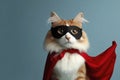 Portrait of superhero cat wearing red cape on solid color background. ai generative