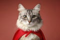 Portrait of superhero cat wearing red cape on solid color background. ai generative