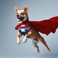 Portrait of superhero dog wearing red cape jumping like a super hero. ai generative