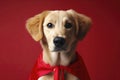 Portrait of superhero dog wearing red cape on solid color background. ai generative