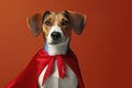 Portrait of superhero dog wearing red cape on solid color background. ai generative