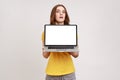 Portrait of surprised brown haired woman of young age in yellow T-shirt showing empty laptop screen Royalty Free Stock Photo