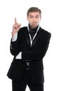 Portrait of surprised business man holding up his forefinger. Royalty Free Stock Photo