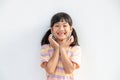 Portrait of surprised cute little toddler girl child standing isolated over white background. looking at the camera. hands near Royalty Free Stock Photo