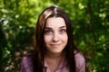 Portrait of surprised smiling cute young woman with emotive wide Royalty Free Stock Photo