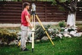 surveyor engineer working with total station theodolite and gps system Royalty Free Stock Photo