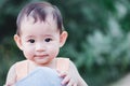 Portrait of sweet Asian litlle child smiling at camarea